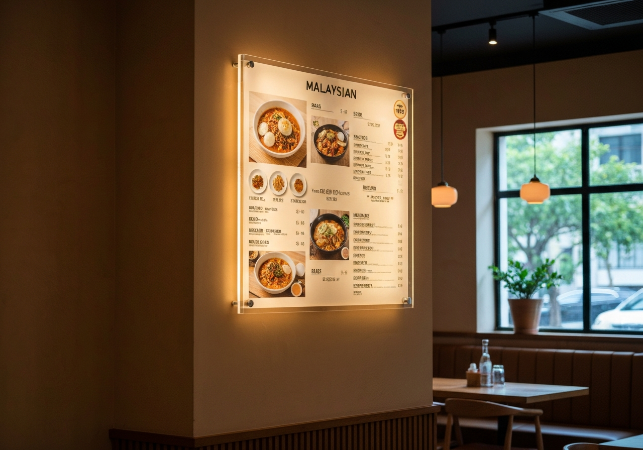Illuminated acrylic wall menu board in a restaurant
