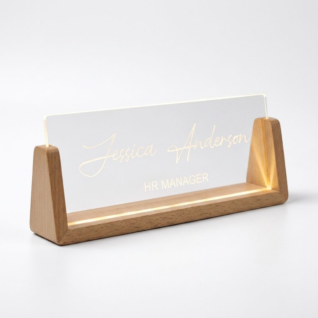 Papan Nama Meja LED (Akrilik + Kayu)