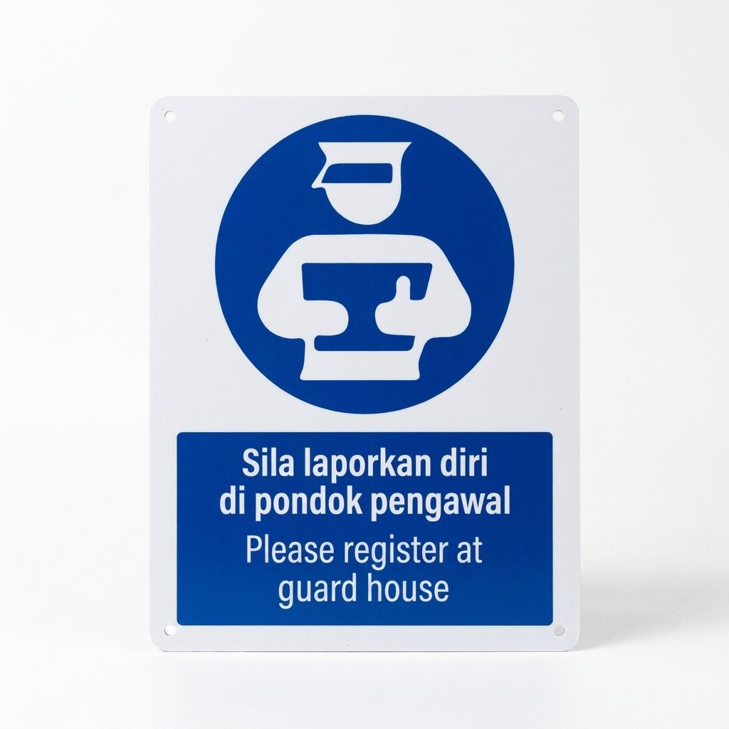 请在警卫室登记强制标志 Sila Laporkan Diri di Pondok Pengawal | 安全标志 — 1.5mm PVC HIPS